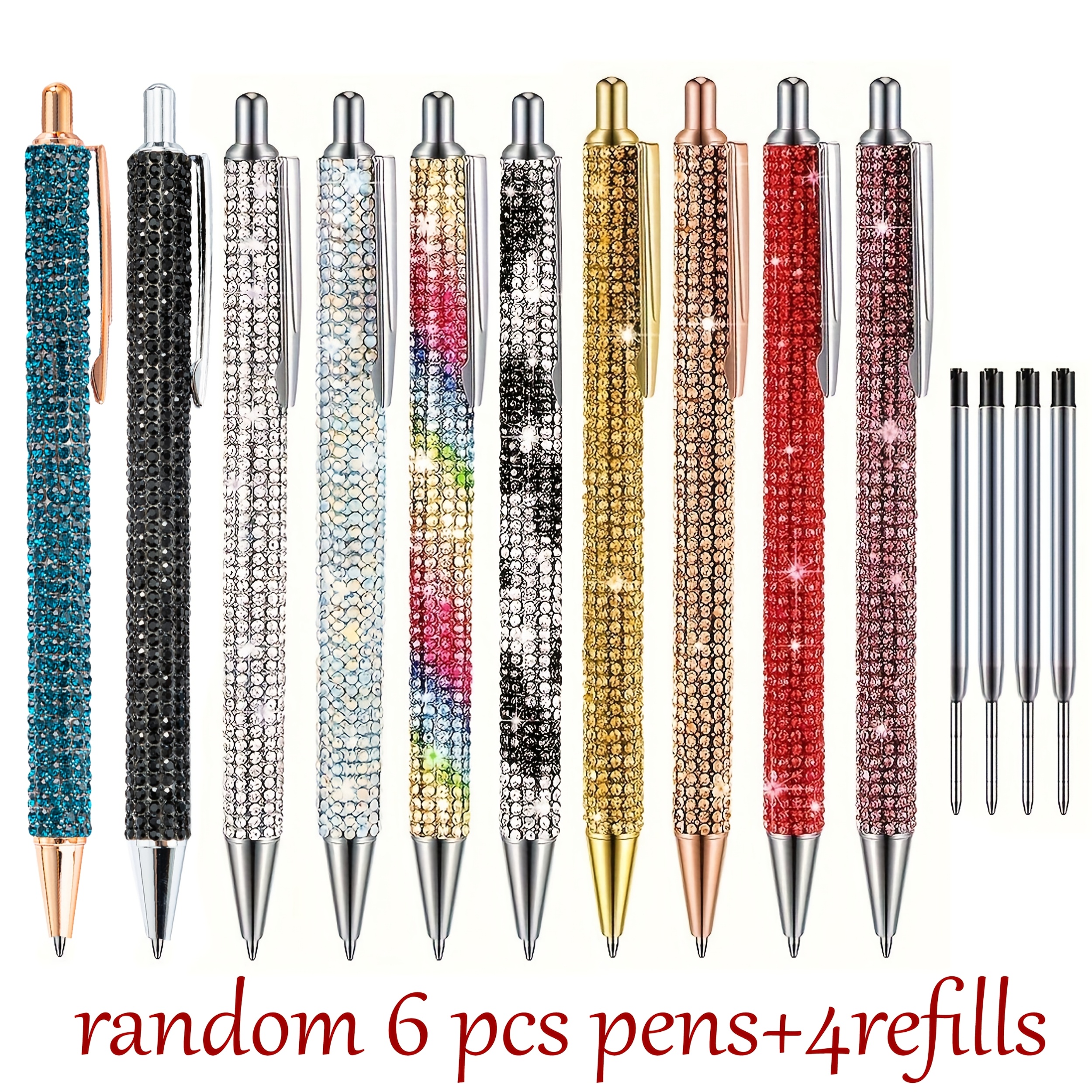 Image of Random Pen Holder /10pcs Sparkling Diamond Ballpoint Pen, Black Ink, Press Ballpoint Pen, School Stationery, Office Accessories, Gift Pen, Ladies' Elegant Gift