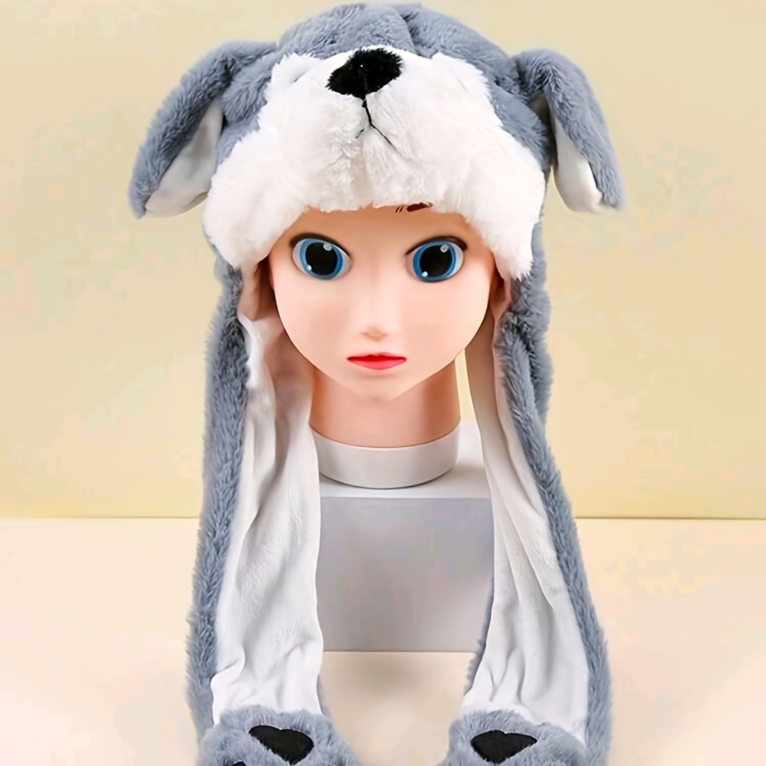 

Interactive Plush Dog Ears Moving Hat, Polyester Animal Airbag Cap, Hand Washable, Lightweight Fitted Headwear, Fall/winter Animal Theme Hat For Adults Over 15 Years - Woven Polyester Construction