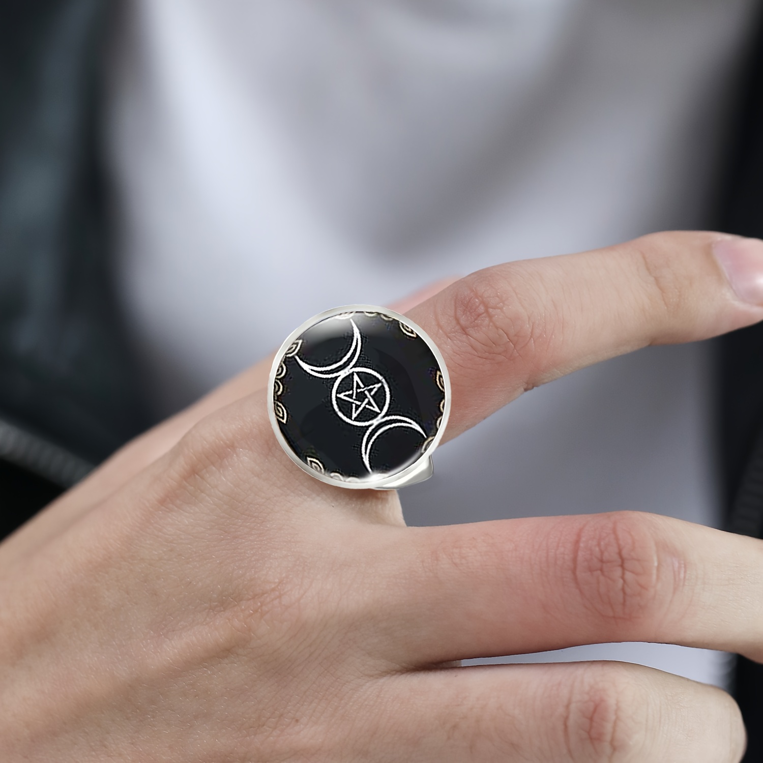 Women's Adjustable White Fashion Ring with Mysterious Three Phase Design