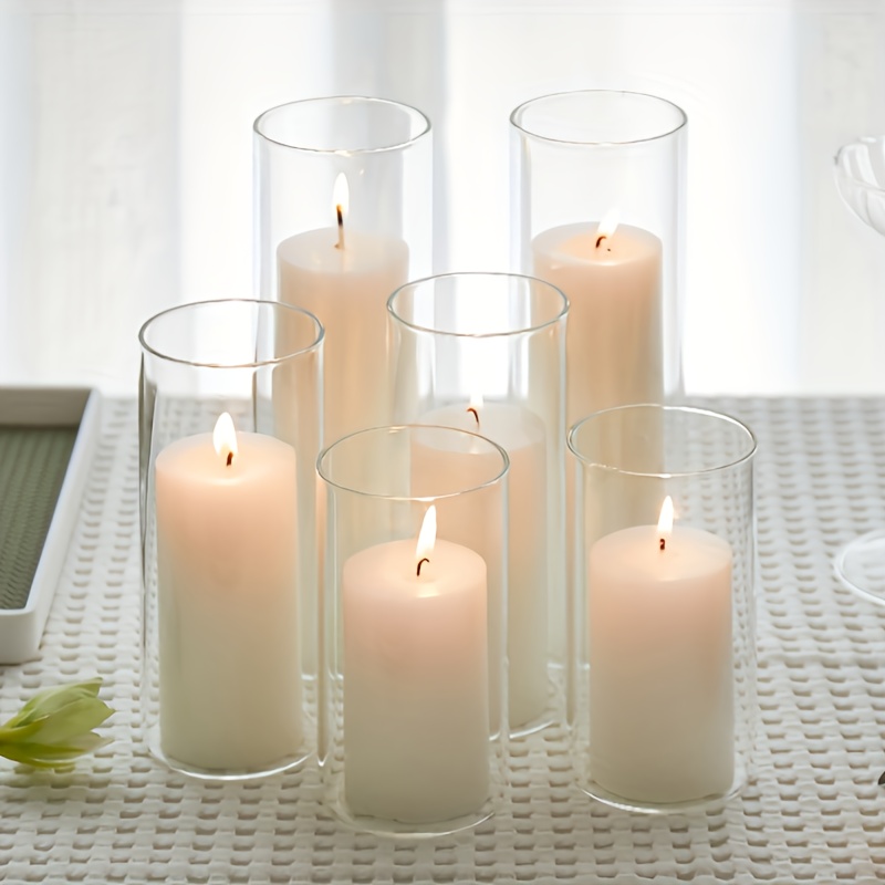 E-shop Set mit 6 hochtransparenten Glasvasen, klare Glas-Kerzenhalter, eleganter klassischer Stil, anmutige zylindrische Kerzenvasen, geeignet für