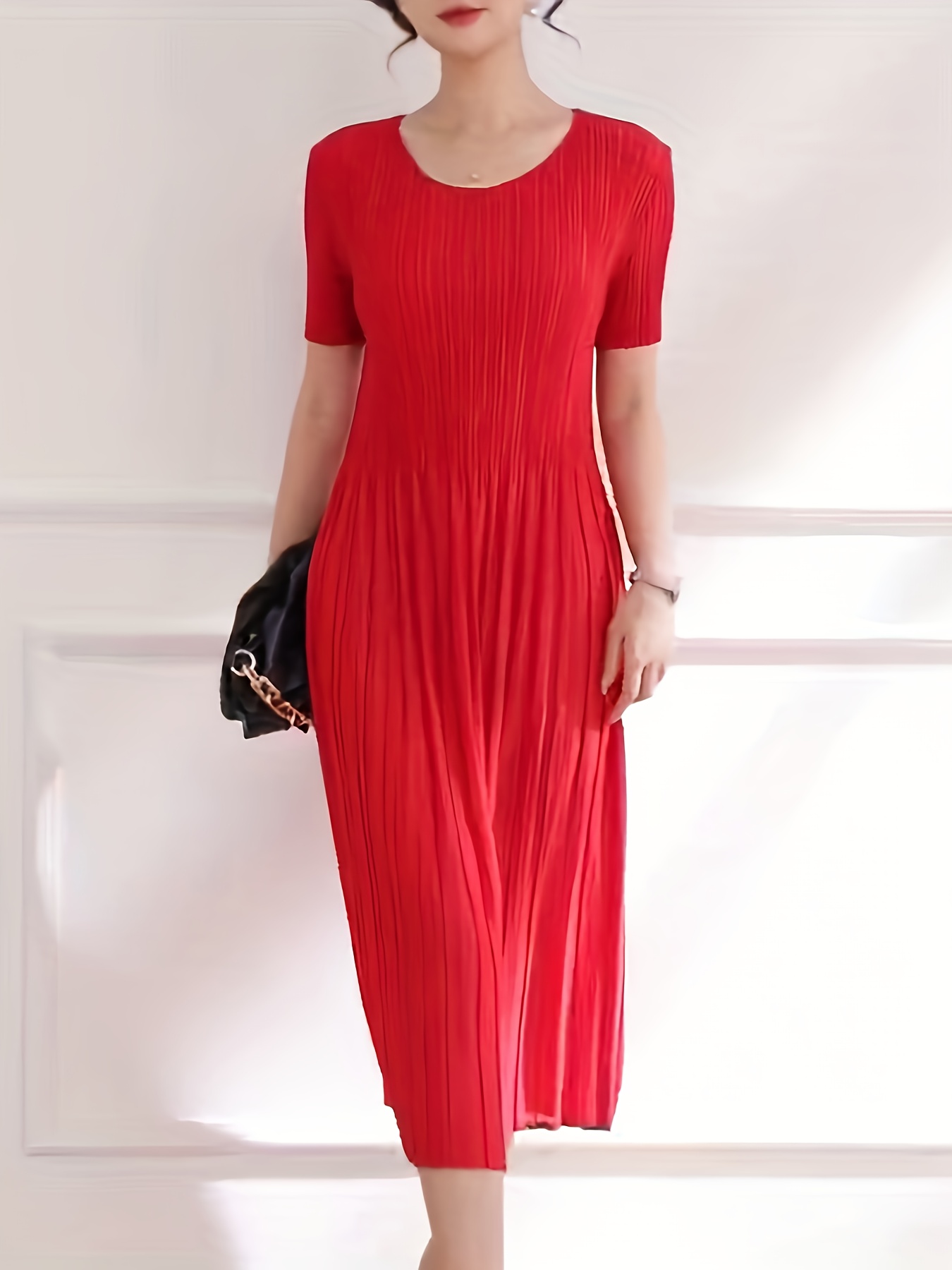 plus size 2025 summer new high end elegant pleated dress for ladies spliced ruched skirt plus size summer dress red 0