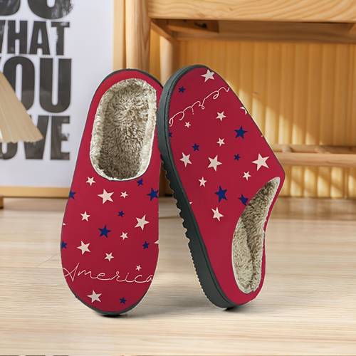 item picture indoor slippers featuring white and on a red backdrop elements are casual footwear slippers with a back style design sturdy build and warm lining