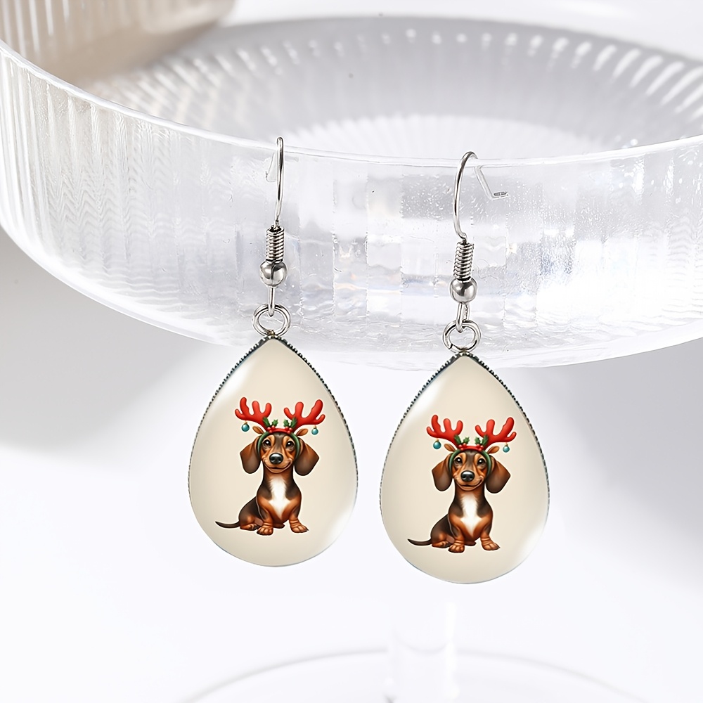 TEMU 1 Pair Christmas Dachshund Dog Tear Drop Earring Handmade Glass Dome Dangle Earrings Jewelry