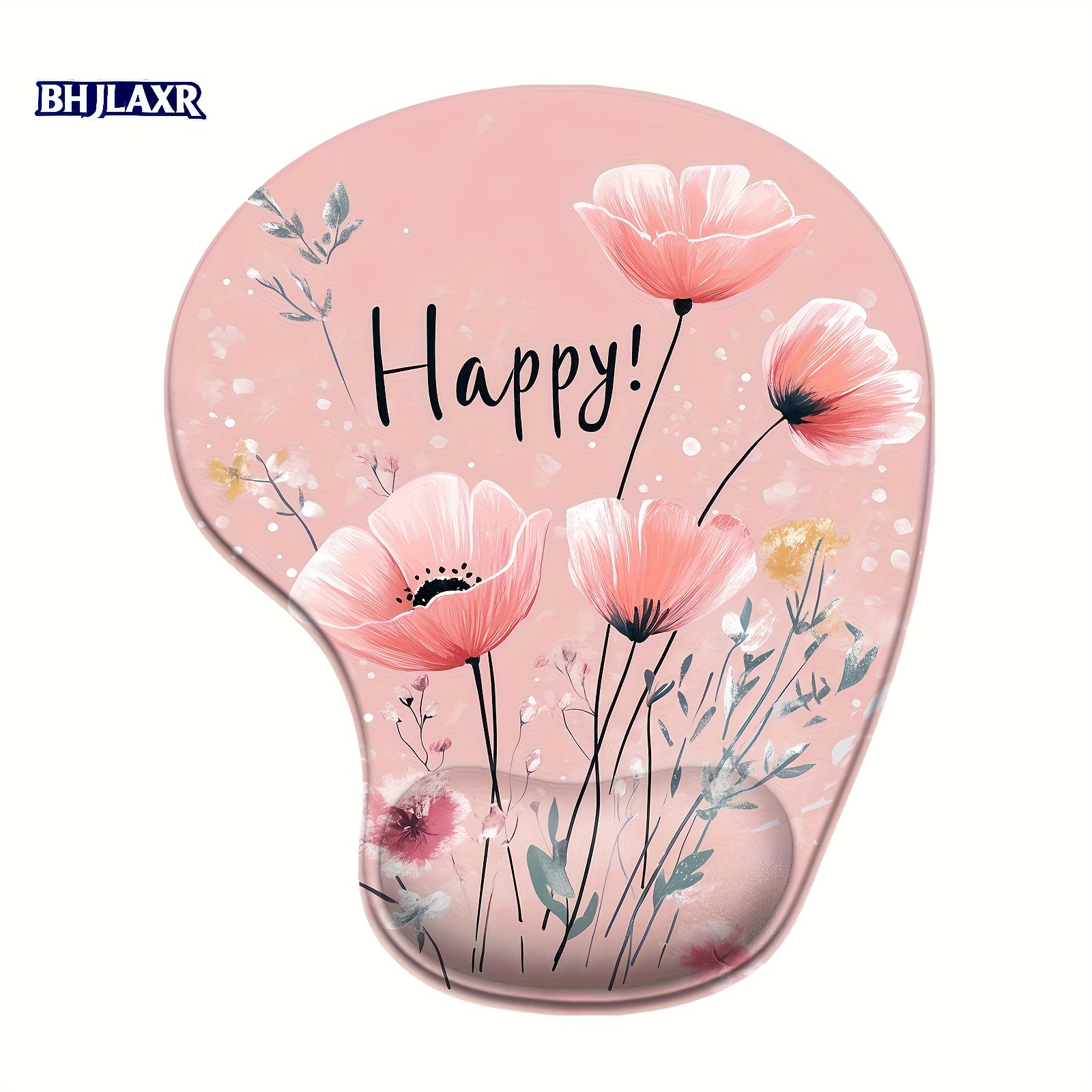 Image of 2d Flat 1pc Pink Cute Flower With "happy" Letters Wrist Rest Mouse Pad, Hand-drawn Design, Non-slip Soft Cushion: 3d Supports Hand Pressure Relief, Suitable For Home And Office Use