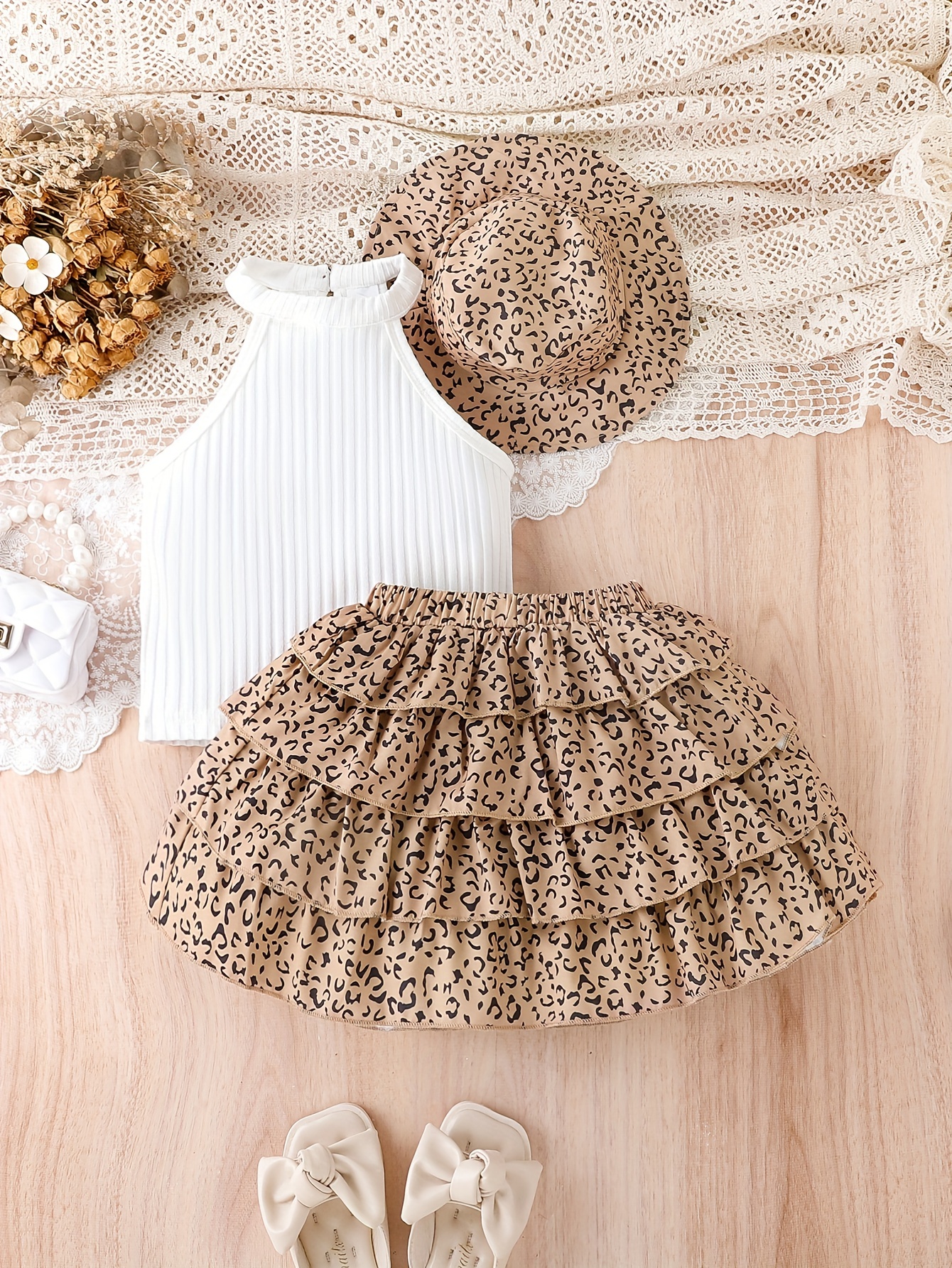 Girls' 3pcs Vintage Leopard Print Outfit Set - Sleeveless Cotton Blend Bandeau Top, Tiered Skirt, and Matching Hat - Casual Summer Wear for Kids with Frill Details