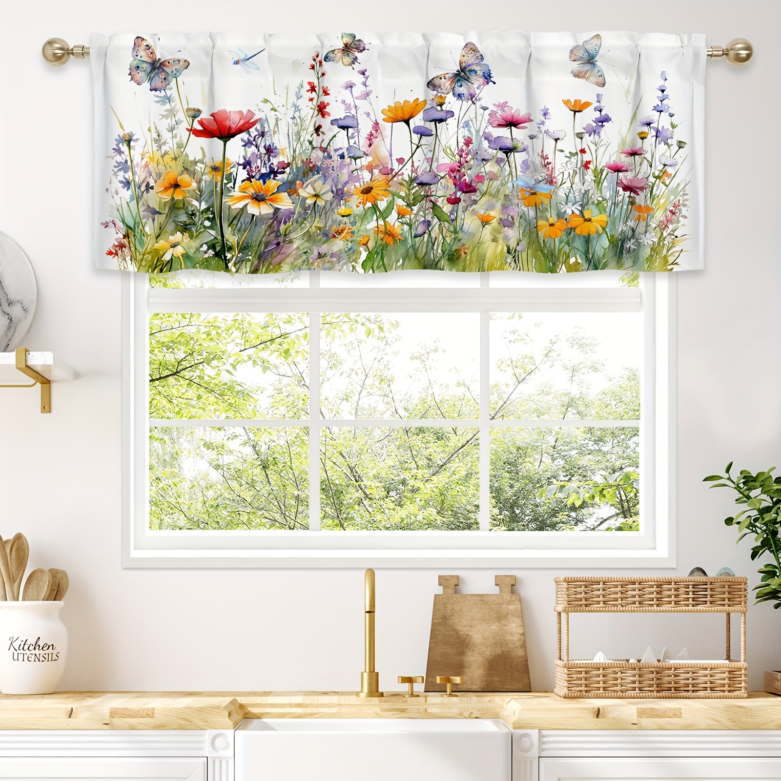 TEMU 1pc & Floral Valance Curtain - 54x18in, Rod , Semi-transparent Polyester Fabric, Vibrant Pattern, Kitchen & Home Decor, Indoor Decoration | Rustic Style | Machine Washable, Decorations