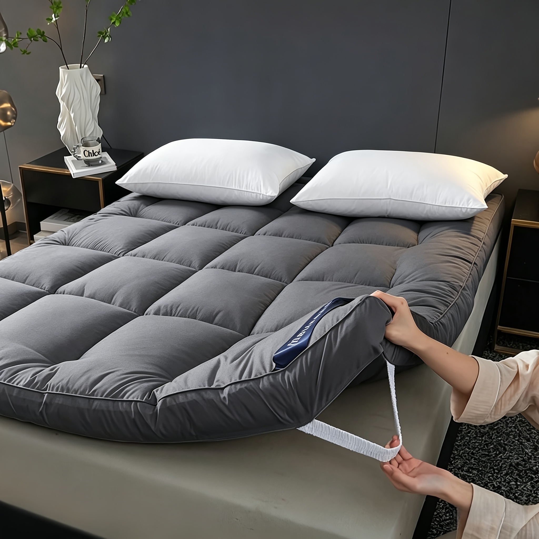 Image of Grey 8cm Mattress Topper With 1000gsm Microfiber Filling - Breathable Quilted Mattress Pad With Elastic Corner Straps, Ultra Soft Plush Bed Topper, Machine Washable, , Multiple Sizes