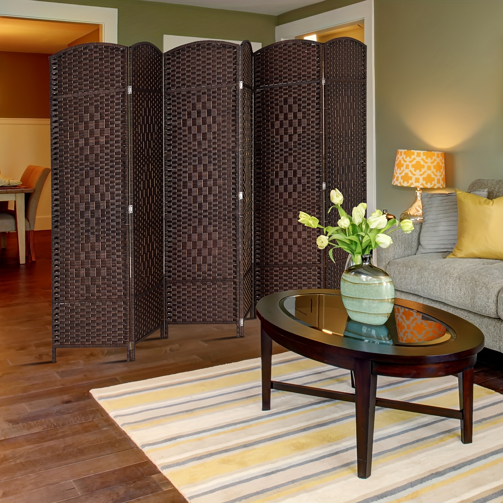 [Folding Rattan Room Divider] 6-Panel Folding Rattan Room Divider, 70.87'' H Folding Space Separator Partition Wall Dividers, Freestanding Hinged Privacy Screen