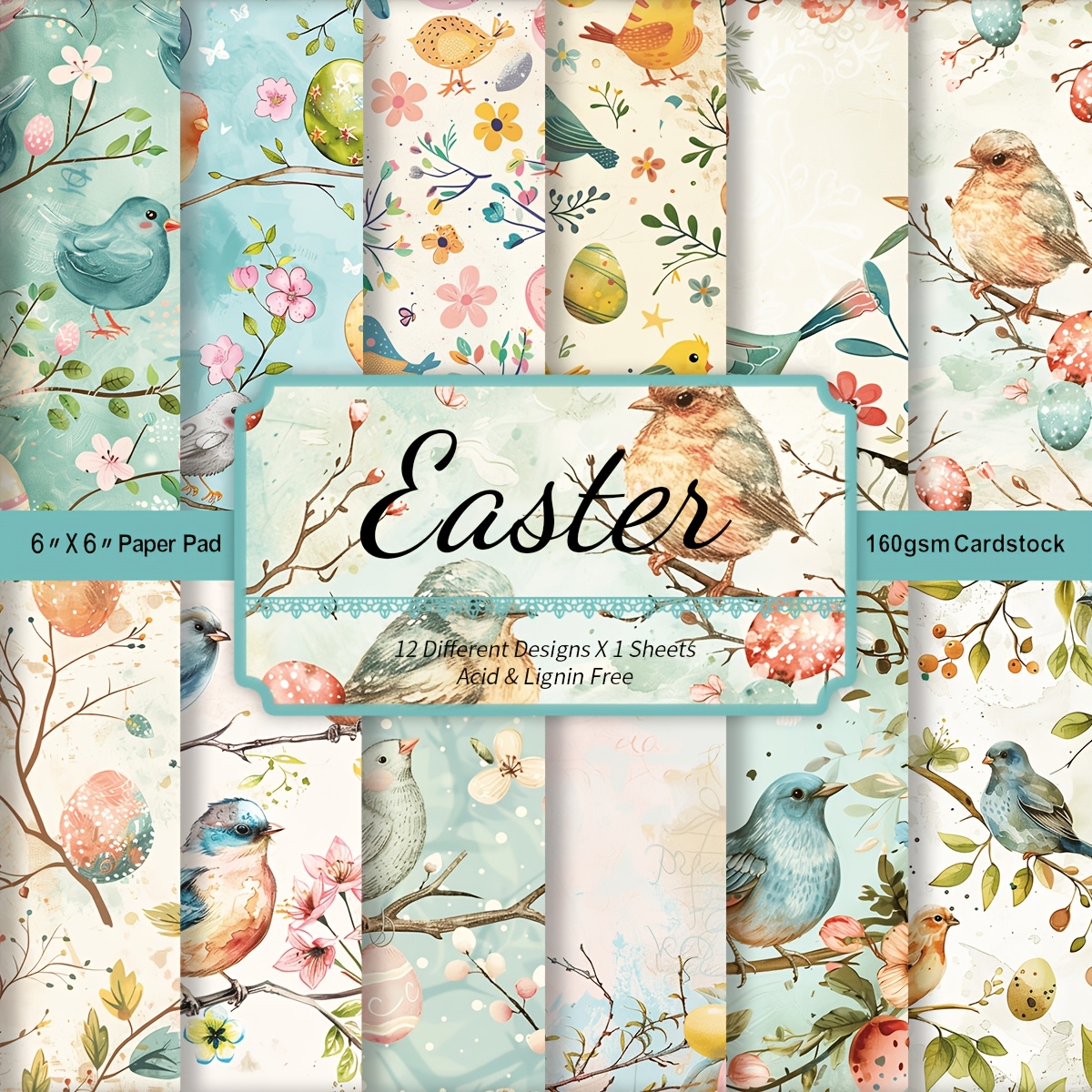 

12-pack Vintage Easter Paper, 6x6 Inch Decorative Crafting Sheets With Floral, Chicks & Eggs Designs, Origami, Card Making & Supplies