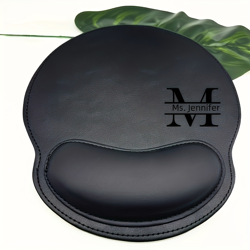 TEMU 1pc Personalized Faux Leather Mouse Pad With Custom Text - Elegant Name/letter Design, Wrist Support, Suitable For Office And Gaming, Perfect
