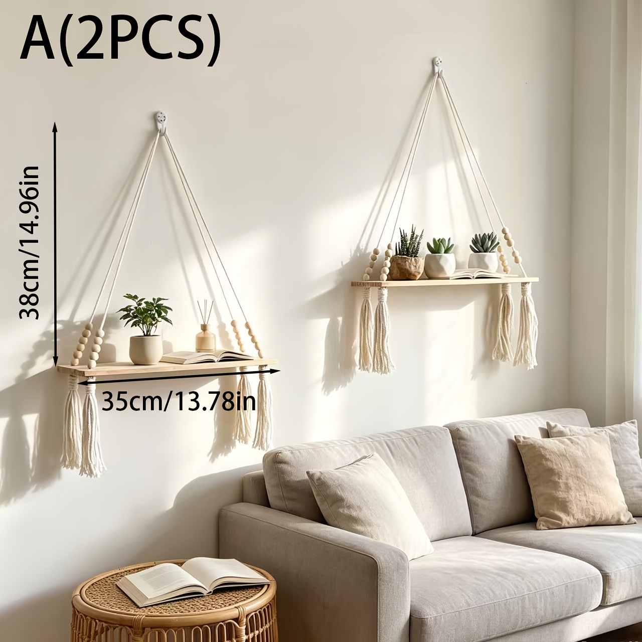 2pcs Bohemian Rope Hanging Plant Stand - Wall-mounted Rope Frame Rack Suitable For Plants, Artificial Wood Shelf, Space- Decor For Living Room, Bedroom, Balcony, - Install & Minimalist Aesthetic