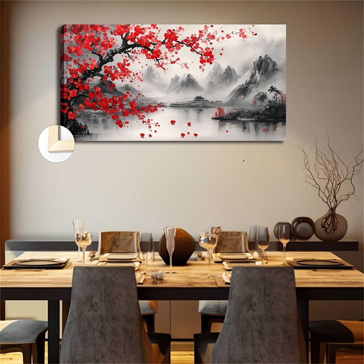 TEMU 2d Flat, 2d Flat, A Large Framed Piece Of Modern Art, Featuring A In A Valley With Red Flowers, Perfect For Decorating The Walls Of A Living