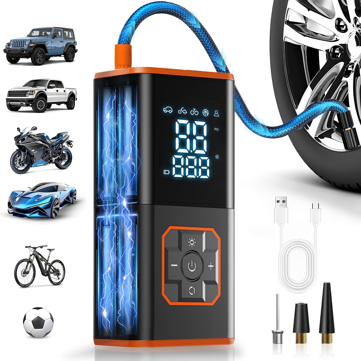 portable tire inflator 150 psi rapid inflation rechargeable 2000mah high capacity battery digital pressure gauge led lights   design durable cordless inflatable for cars bicycles motorcycles and  