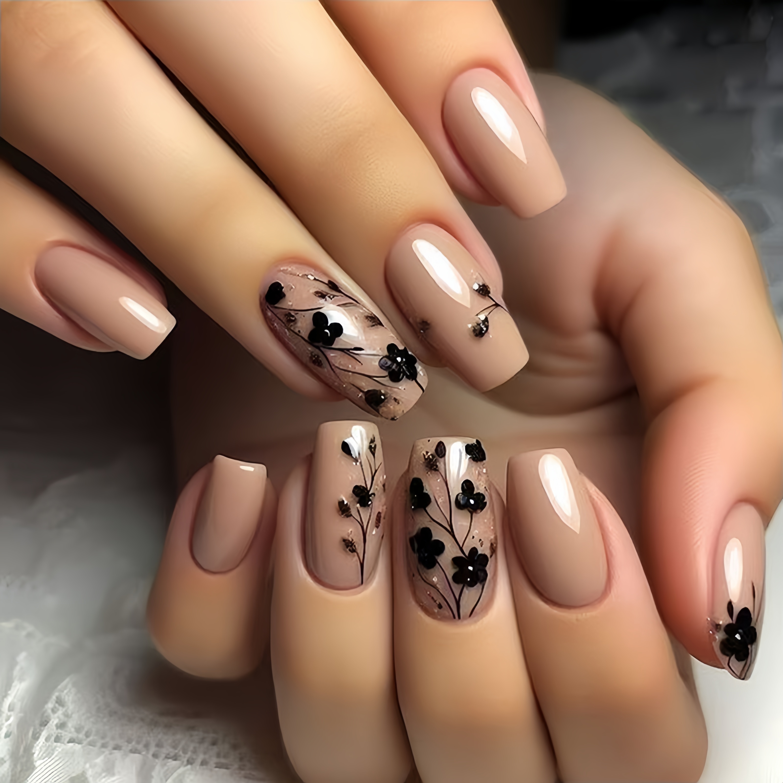 

autocollants pour ongles en de cercueil marron à fleurs - Nail art amovible à paillettes pour femmes - 24 faux ongles de ballerine