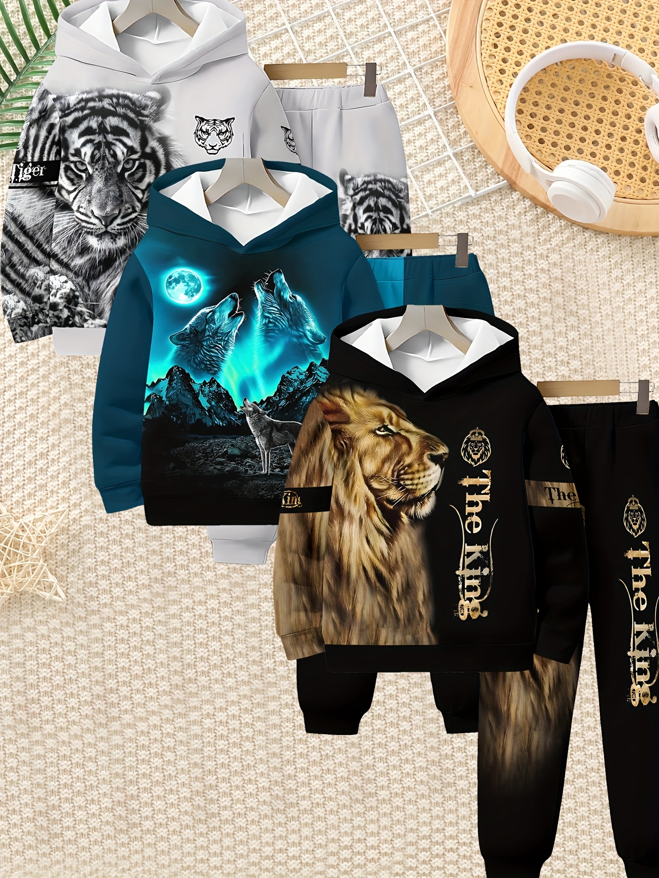 6-delige Wolf Serie 3D Print Lange Mouw Hooded Sweatshirt Set voor Jongens