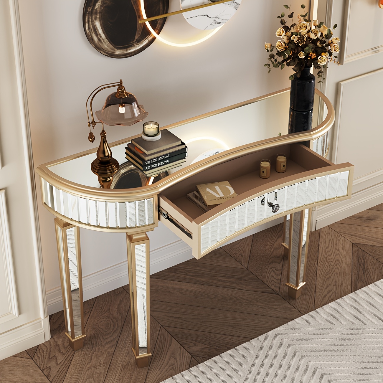 Image of Luxury Half- Dresser & Sofa Table With Crystal Handle Drawers - Freestanding Modern Dressing Cabinet, Corrugated Glass Doors, Mirror- For Space Illusion - Suitable For Bedroom, Living Room, No