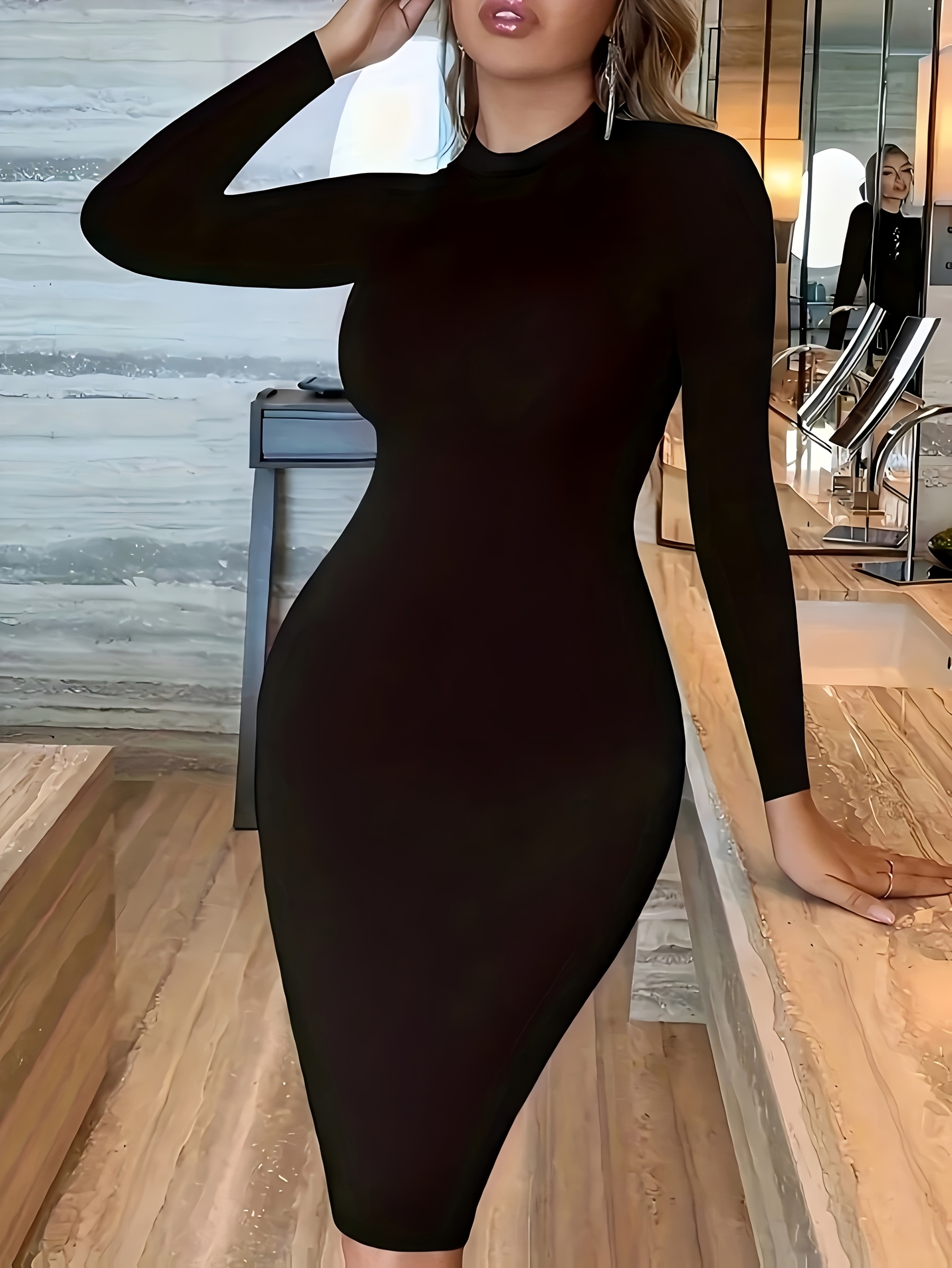 an elegant, fitted, solid color mesh dress with an asymmetrical neckline,  long sleeves, pleated details, side slits, and a bodycon silhouette -  women's clothing - Temu United Arab Emirates