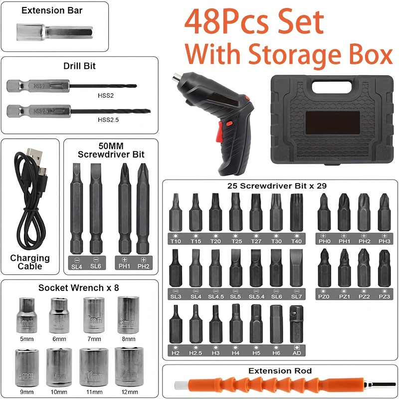 TEMU 48pcs Wireless Electric Screwdriver Set - Rechargeable, Led Light, 90° Rotatable Foldable, Durable Material, Easy To Operate, Powerful