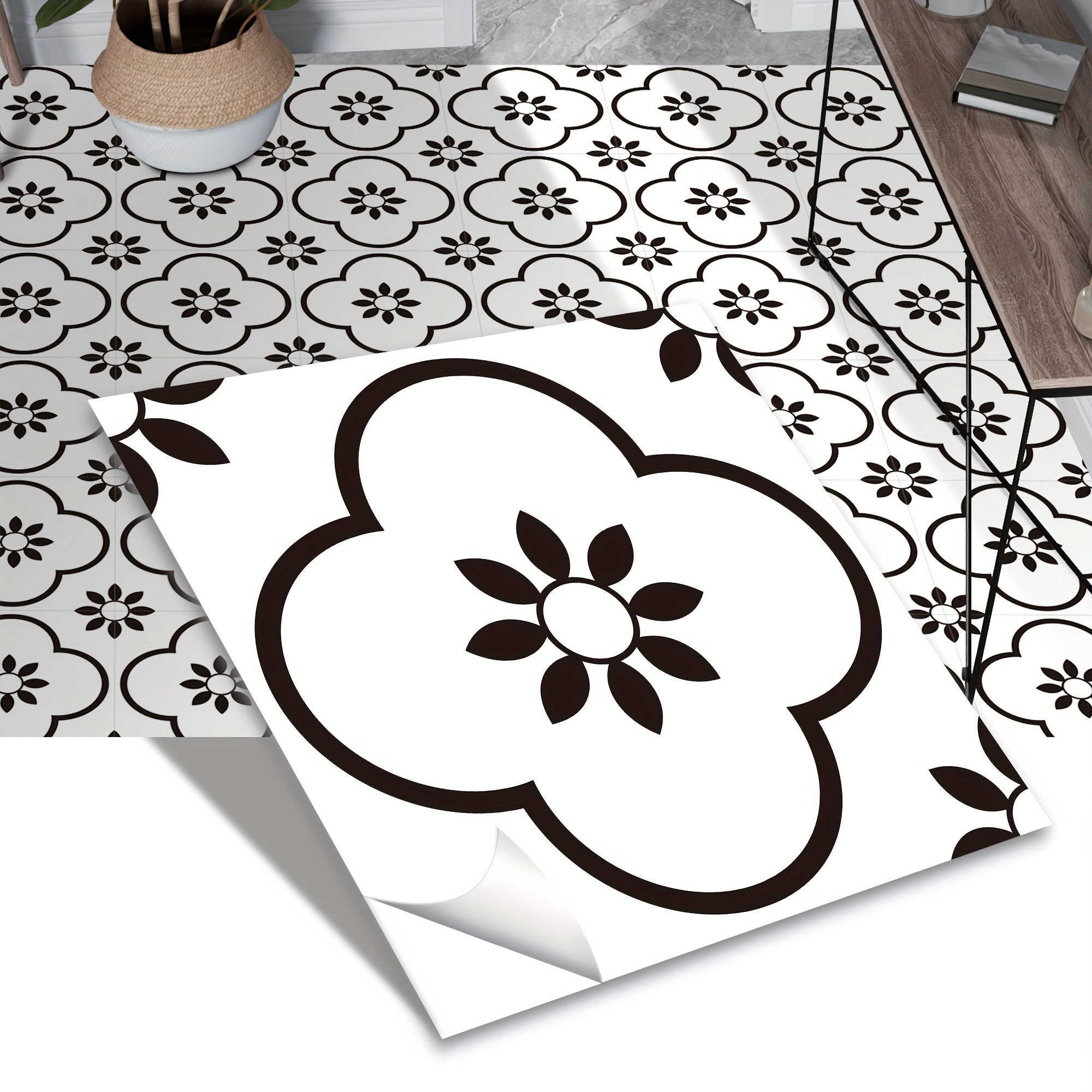 TEMU Peel And Stick Floor Tile Bathroom Black Square 12"*12"(30*30cm)10pcs
