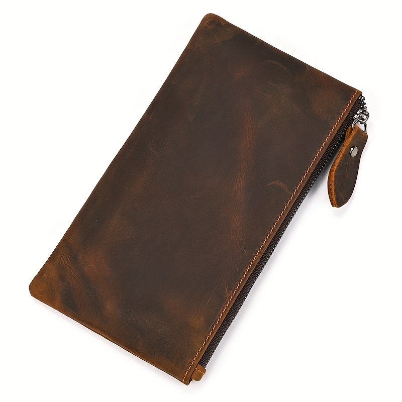 [rustic Charm] Vintage-style Genuine Genuine Leather Long Wallet - Minimalist Zipper Coin Purse, Card Holder & Pen Case For And Women, Top Layer Cowhide With Polyester Lining, Brown