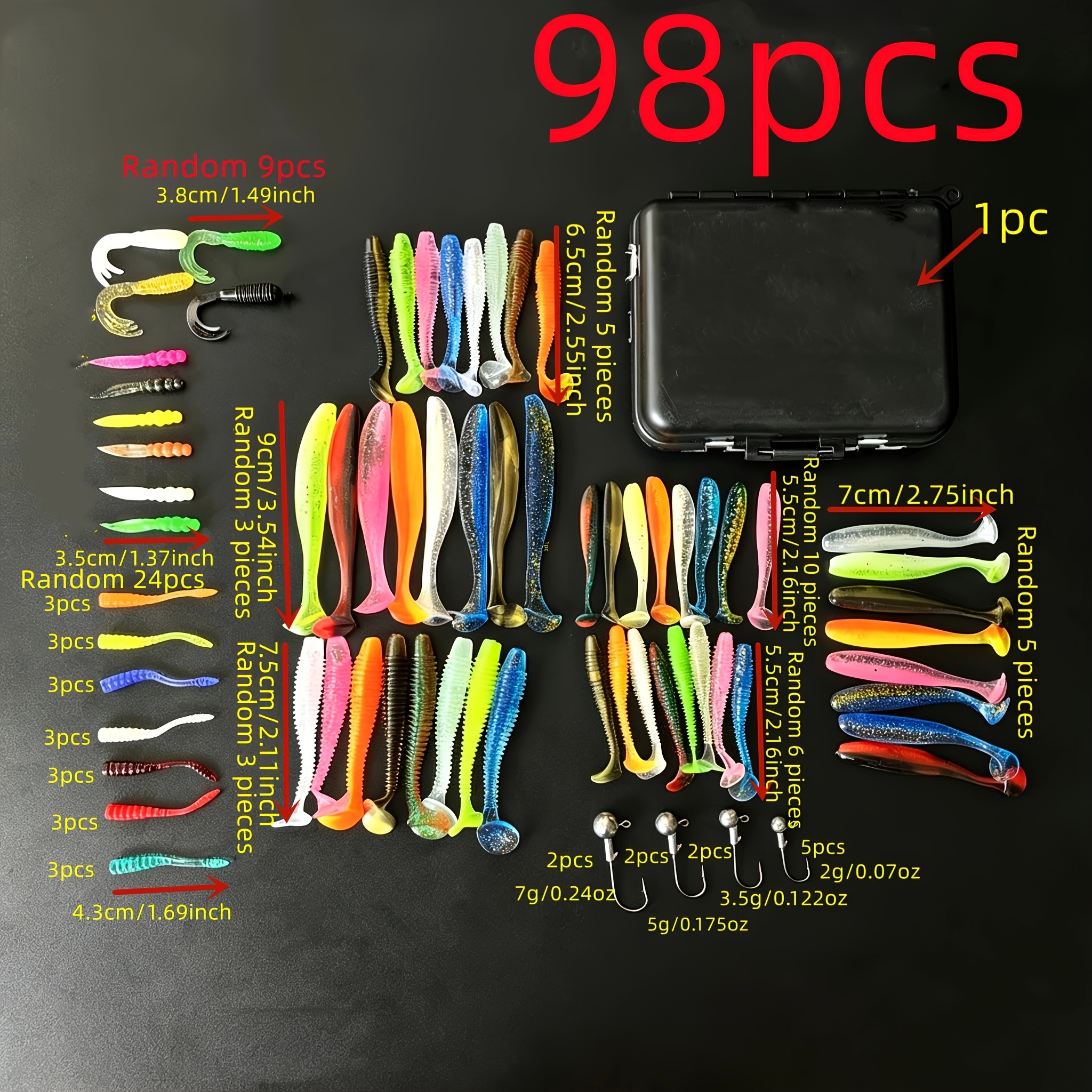 TEMU Set da 98 pezzi di esche morbide artificiali per pesca a amo, colori casuali, per trota, cavedano , pesce , set di esche per pesca sul , kit da
