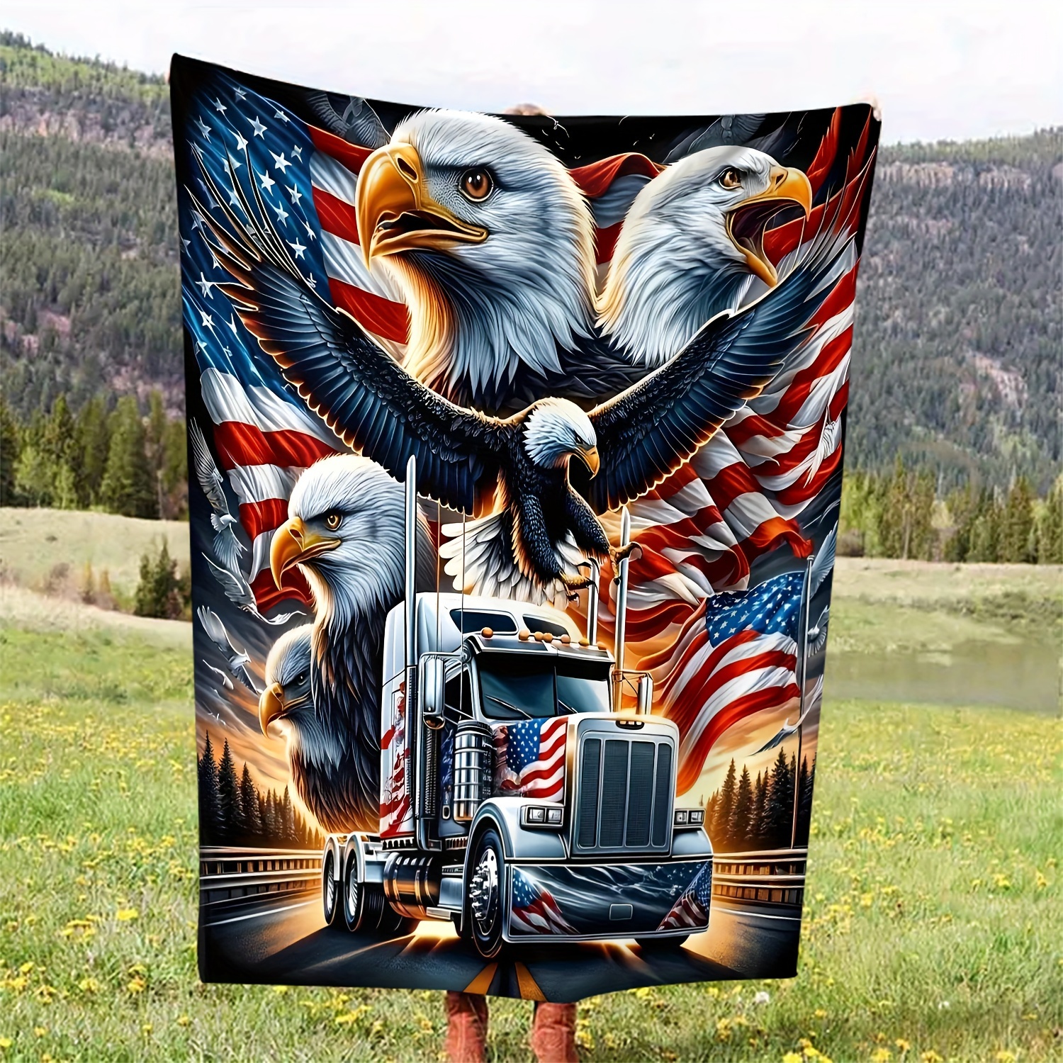 

Eagle And Truck Patriotic Soft Fleece Throw Blanket, Contemporary Knitted Polyester Flannel Blanket With American Flag Pattern, All-season Cozy Gift For