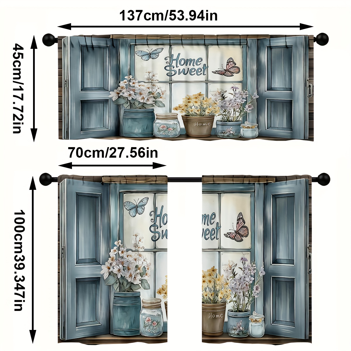 TEMU 2d Flat - 2d Flat - 3pcs 2d Flat Printing Kitchen Curtains, Flower Potted Plants And Butterflies Pattern Printed Curtains Combination, Layered
