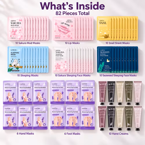 82pcs Skincare Gift Set, Sakura Mud Mask, Lip Mask, Snail Sheet Mask