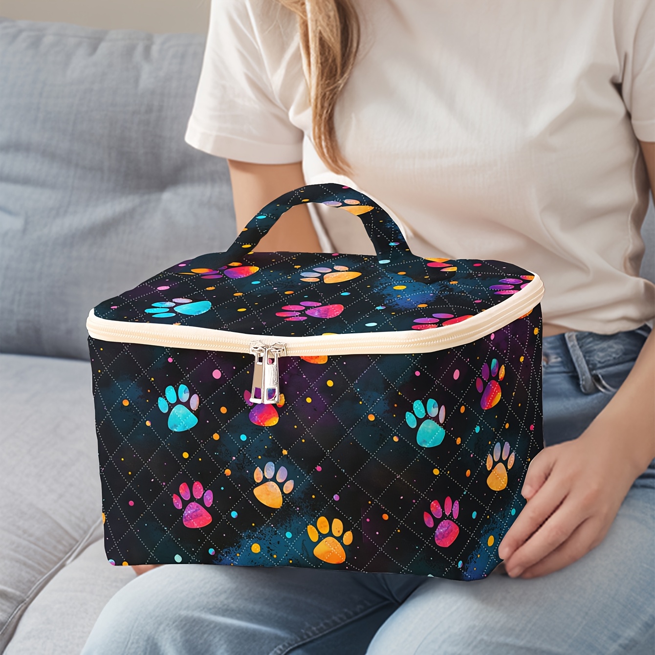 Image of Portable Travel Cosmetic Bag With Colorful Paw Print Design, Organizer For Brushes And Additions, Large Capacity Toiletry Storage Bag, Cute And Stylish Makeup Pouch