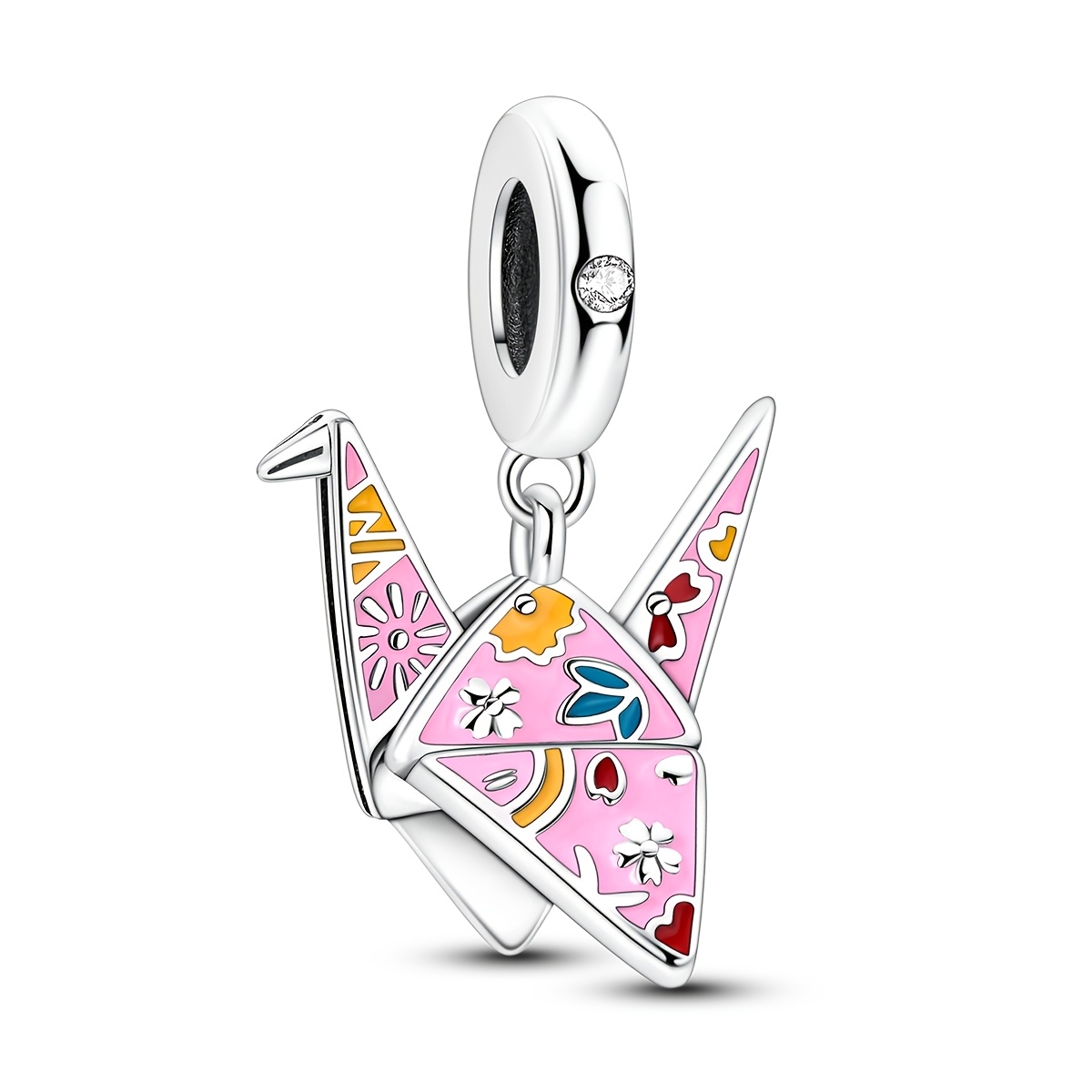 TEMU 1 pièce Breloque Grue en Papier Style Japonais en Émail Rose Rêveur Plaqué Argent, Compatible avec Bracelet Original, Collier, Perles pour