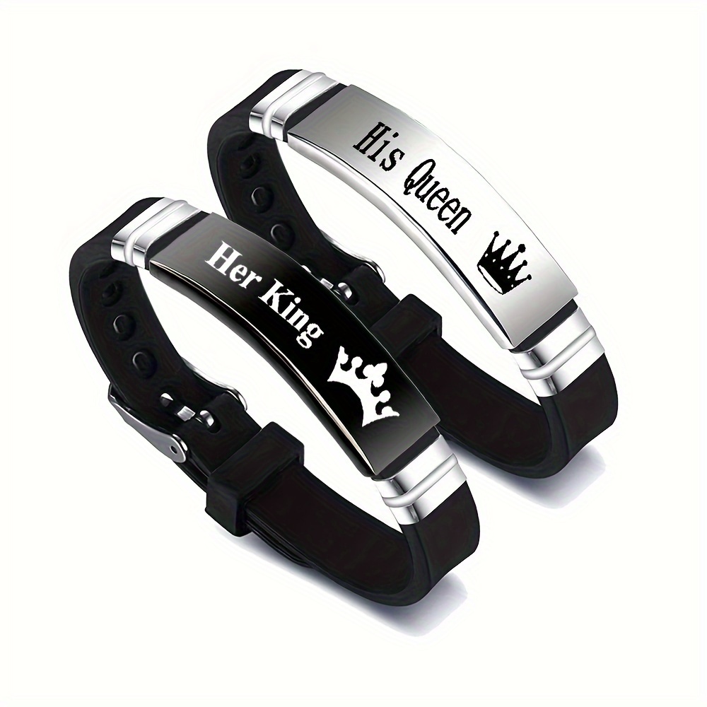 TEMU His Queen & Her King Stainless Steel Silicone Bracelet - Fashionable Black Bangle For Couples Couple Jewelry Luxury Bracelet, His Queen Her King Bracelets