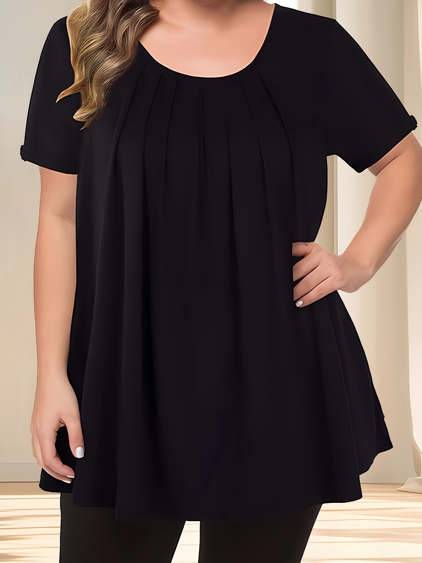 Women'S Casual Crew Neck Short Sleeve Blouse, Solid Color Plus Size, Lightweight Polyester with Subtle Stretch, Flared Hem, Spring/Summer Fashion Top, Casual Wear Blouse | Elegant Plus Size | Simple Eleganc