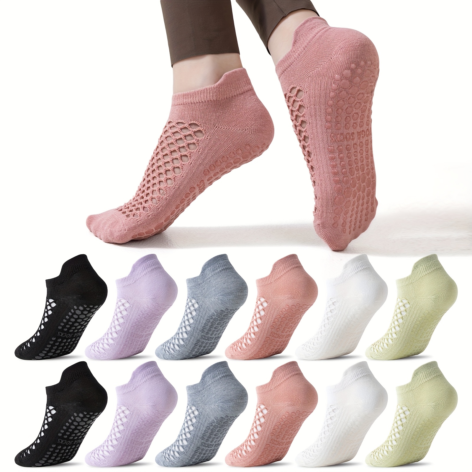 TEMU 12 Pairs Of Non-slip Pilates Socks For Men And Women, Non-slip Yoga Sports Socks For Ballet, Barefoot Exercises, Hospital Anti-slip Socks, Breathable Mesh Ankle Socks With Grip, Orvytha