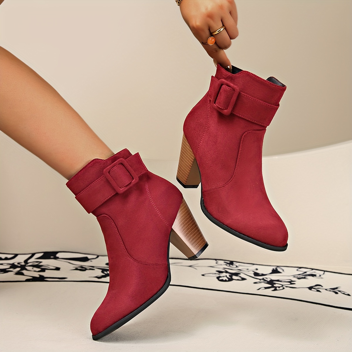 

Chic Burgundy Velvet Ankle Boots For Women - Side Zipper, Chunky Heel With Belt Detail, Fall & Winter