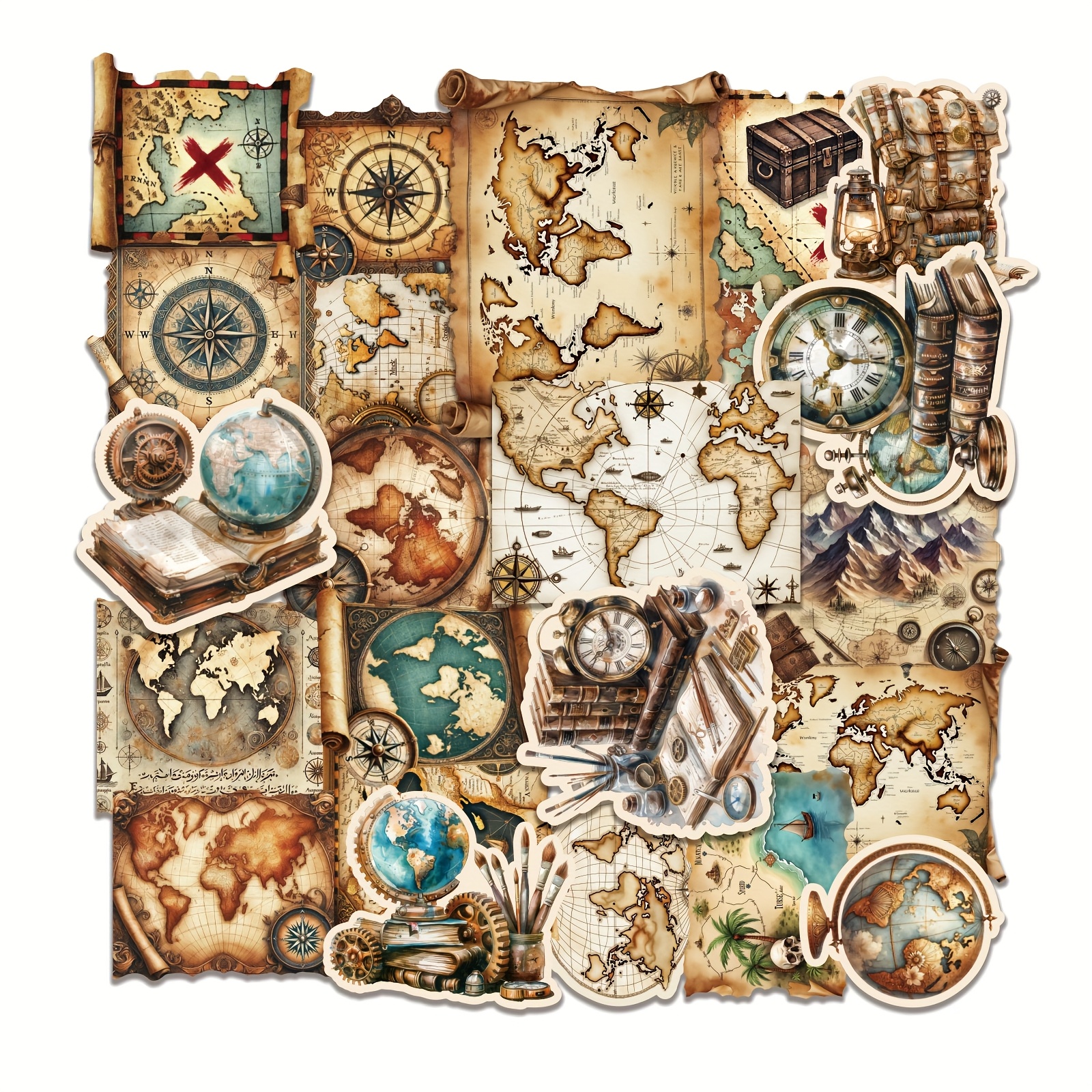 Image of 50pcs Of Retro World Map Stickers, Perfect For Decorating Scrapbooks, Notebooks, Diaries, And For Use On Water Bottles And Phones