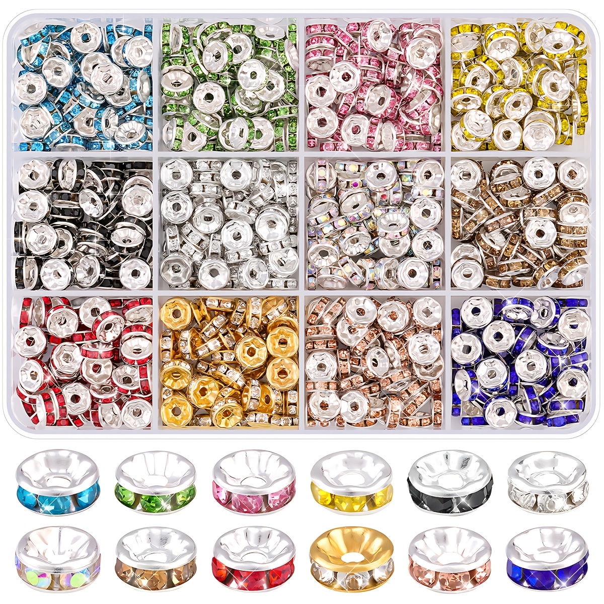 

360+pcs 8mm Spacer Beads For Crafting, 12 Colors Rondelle Spacer Beads Box, Fancy Sparkle Crystal Rhinestone Spacer Loose Beads For Necklace Bracelet Earring Jewelry Making And Pens Diy