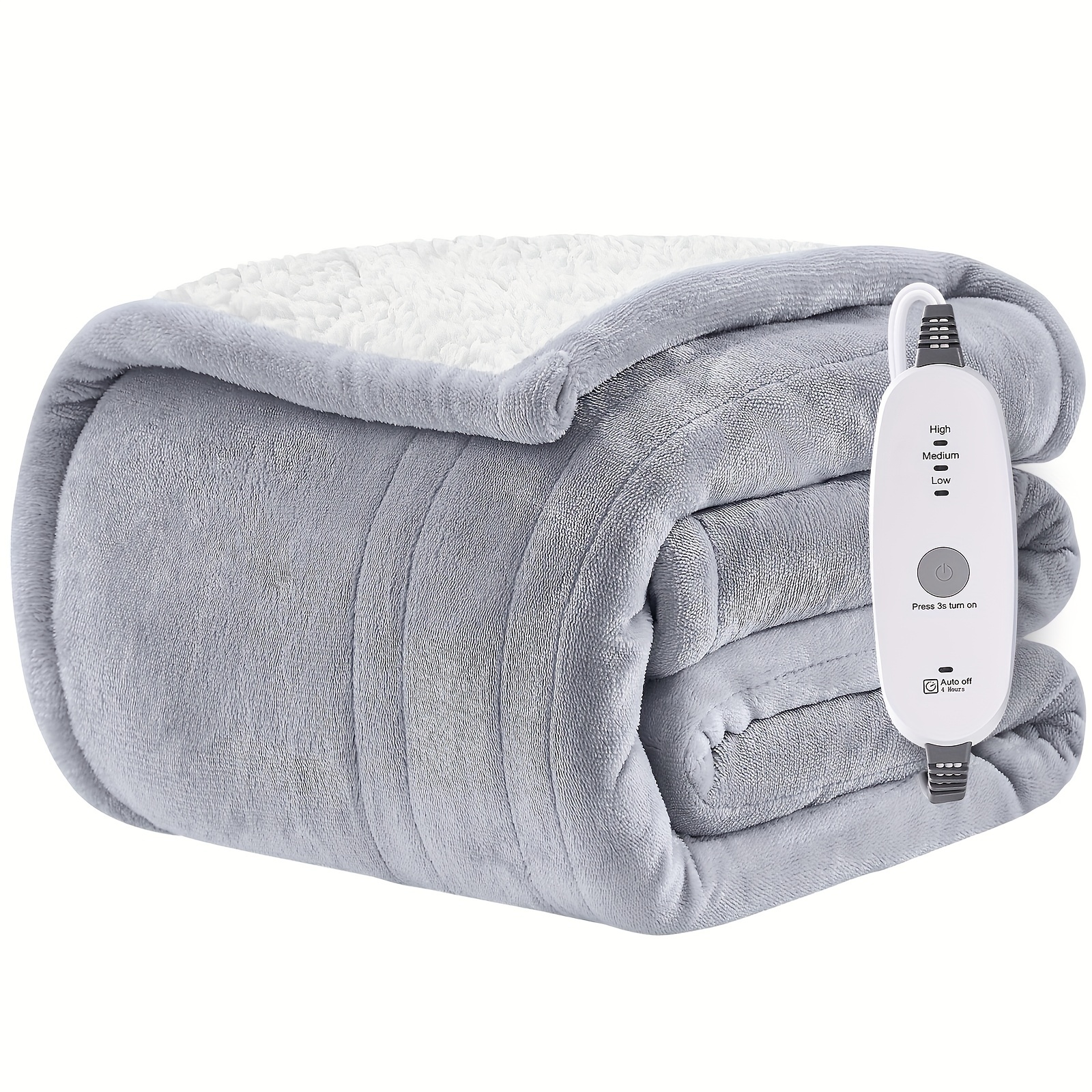 TEMU Electric Throw Blanket Flannel Sherpa Blanket Fast Heating Blanket, 6 Heat Settings Auto Shut Off, Home Office Use Machine Washable, Light Grey
