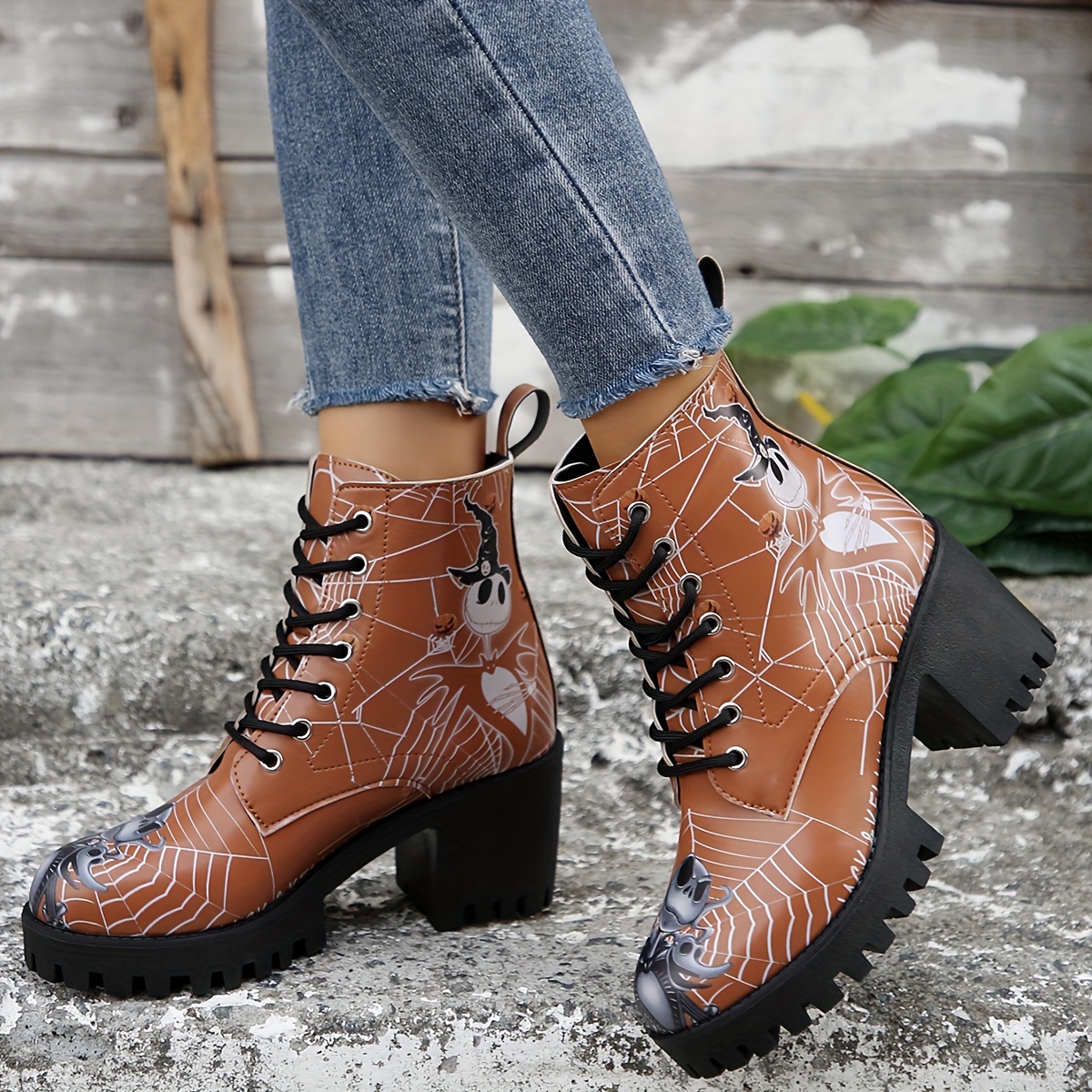 

Vintage Style Cartoon Spider Boots For Women - Casual Lace-up Round Toe Booties With Heel - Upper & Fabric Inner - Mid Heel Combat Boots