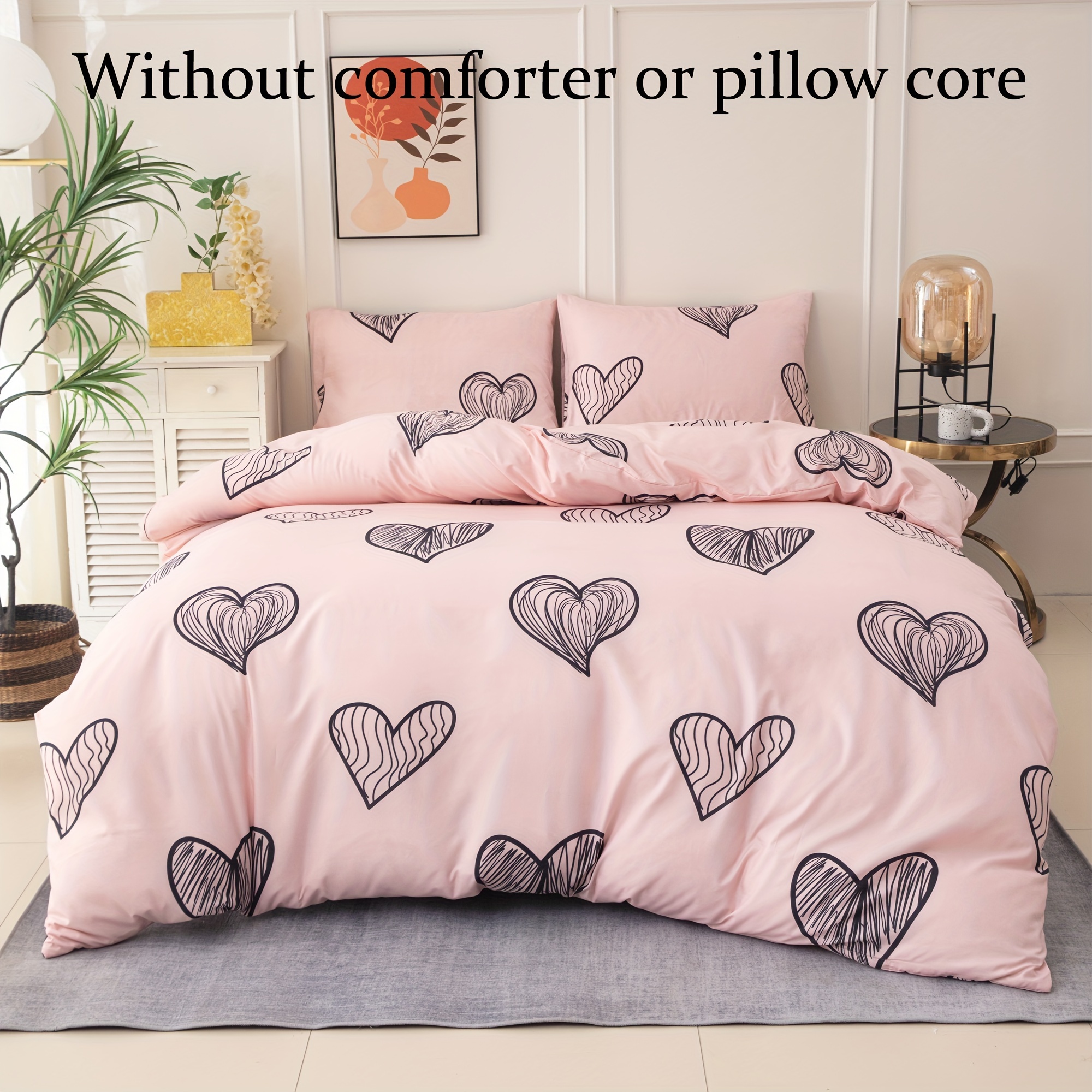 Image of Pink Bed Cover 3 Sets Black Heart Pattern, Super Soft And Comfortable Breathable Bedding Duvet Cover Set, Suitable For Bedroom And (bed Cover + Pillowcase, Without Comforter And Pillow Core)