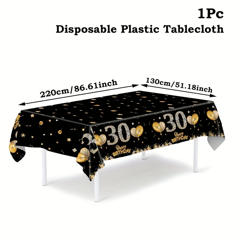 TEMU 1pc, Table Cover With A Happy Birthday Theme, Disposable Plastic Tablecloth, Black And Golden 30th Birthday Table Cover, Party Dining Table