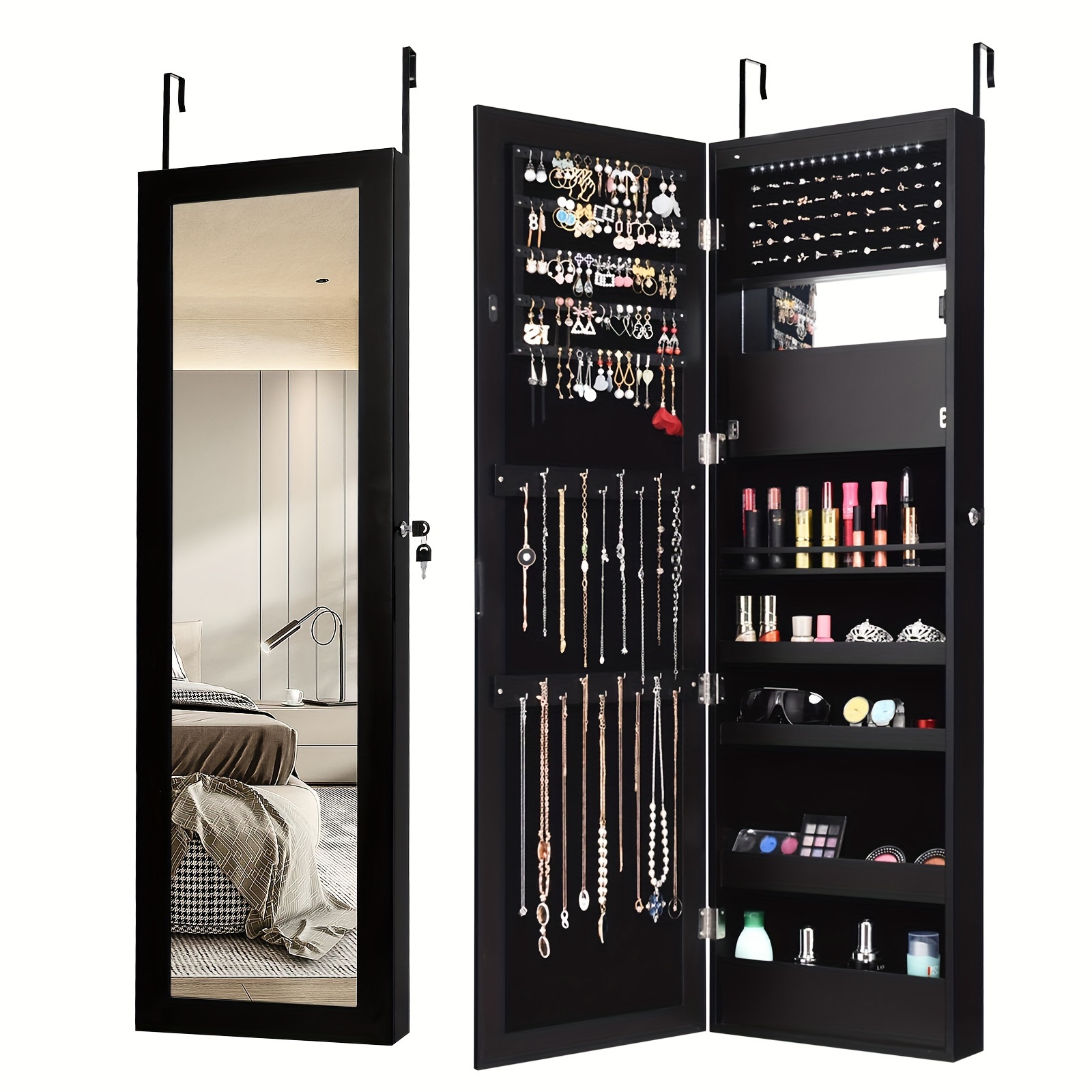 

Giantex Led Jewelry Cabinet Wall Door Mounted, Lockable Jewelry Armoire With Full Length Mirror, Cosmetics Tray, Brush Holders, Build-in Makeup Mirror, Jewelry Cabinet For Women Girls (black)