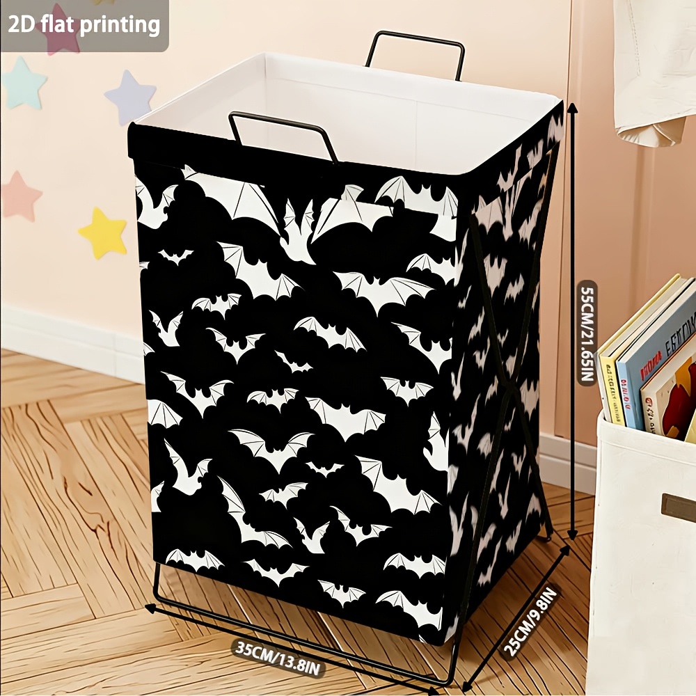 TEMU 1pc Large Capacity Hamper Foldable Laundry Basket With ,halloween Bat Silhouette Pattern,comes With Durable Frame,rectangular Storage