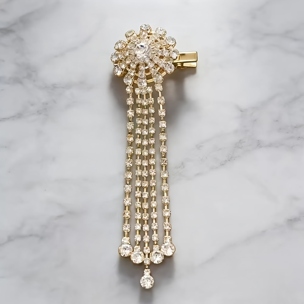 TEMU Luxury Rhinestone Tassel Hair Clip For Women, Niche Designer High-end Hair Accessory Side Clip