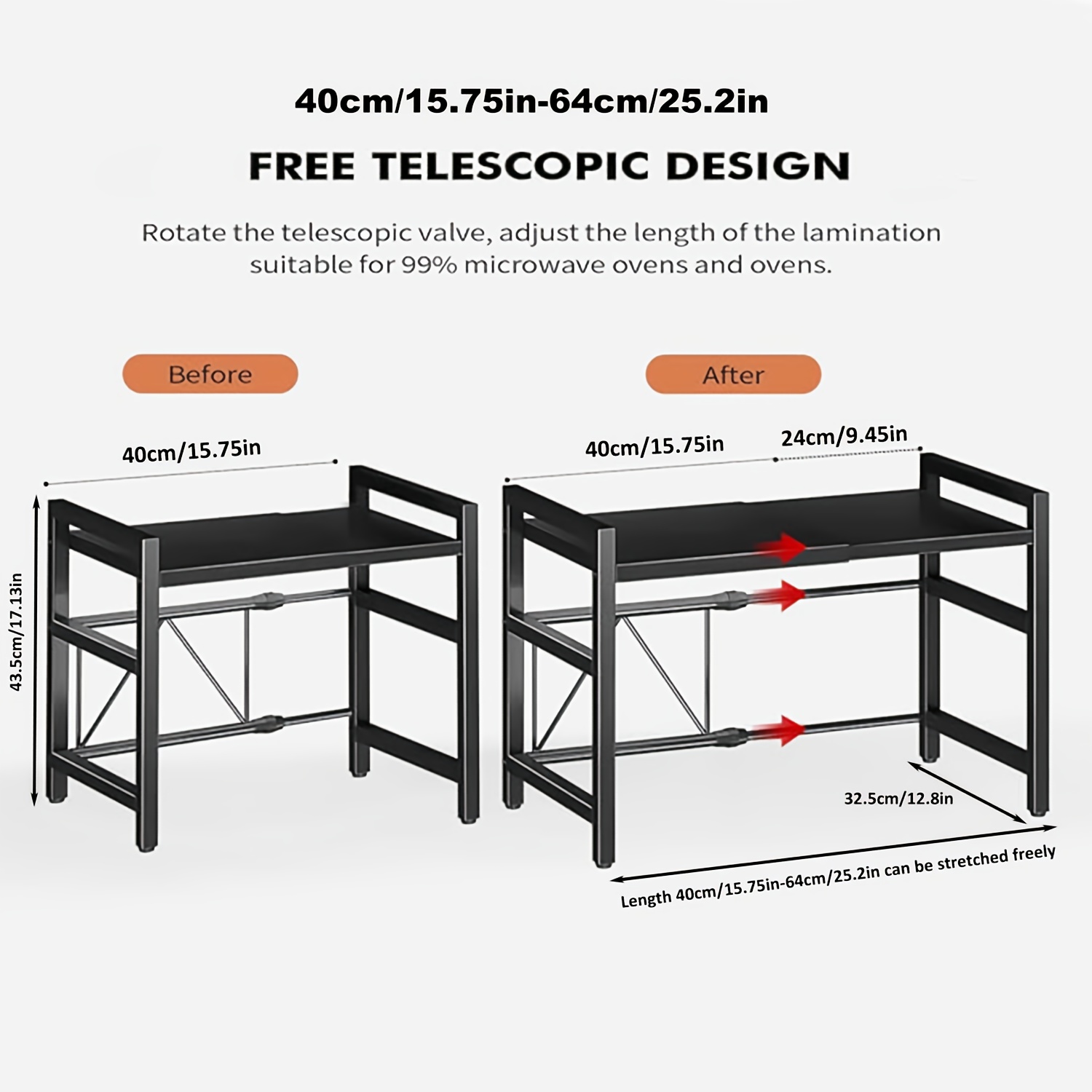 Étagère à micro-ondes extensible à 2/3 niveaux, support en acier au carbone avec 4 crochets, équipée d'un porte-bâtonnets, d'un support pour planche à découper, d'un support de rangement de cuisine, d'un rangement et d'une organisation de cuisine, d'un support à pain, réglable de 40 à 64 cm (noir, blanc)