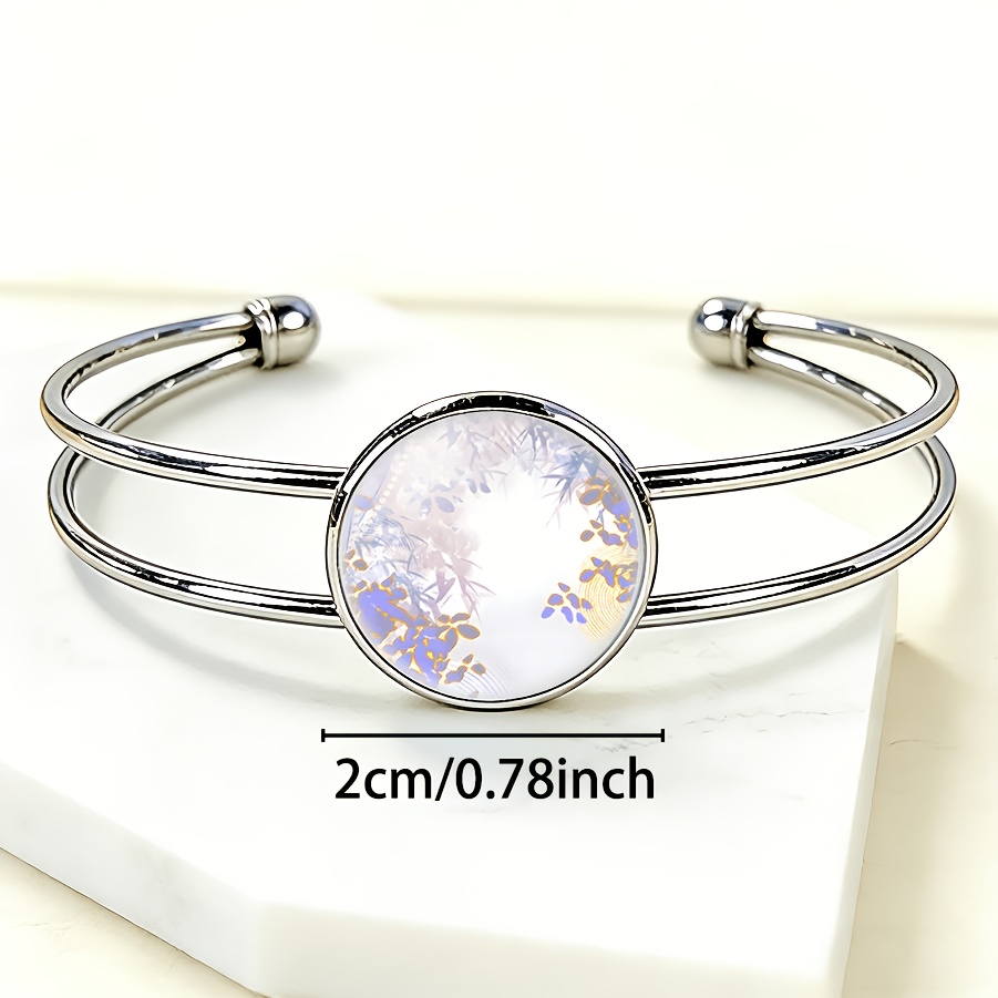 Women's Adjustable Open Bangle with Round Time Gemstone Inlay and Bamboo Leaves