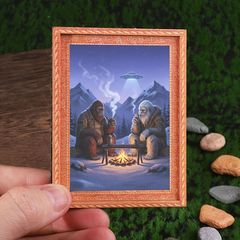TEMU 1pc Mini Framed Picture Fridge Magnet, Printed With And Snowman Drinking Coffee By The Bonfire, Ufo Above, Fun Decorative Item, Home And Office