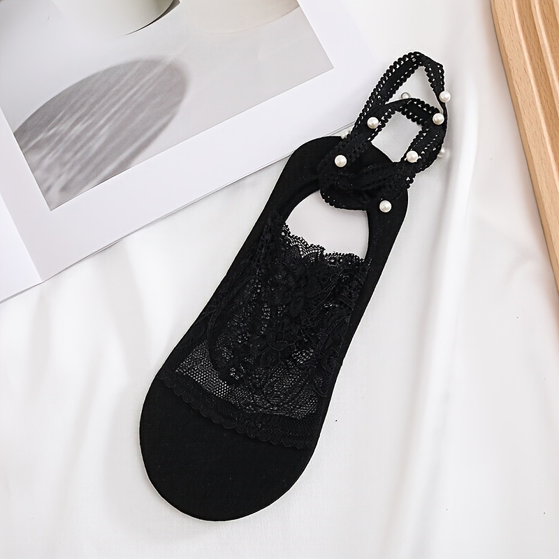 1 Pair Women's Ankle Socks - Breathable Open-toe Boat, Non-slip Invisible Heel, Summer Low-cut Lace- (/beige/grey) - Tips For Sneakers & Dresses, Casual Attire