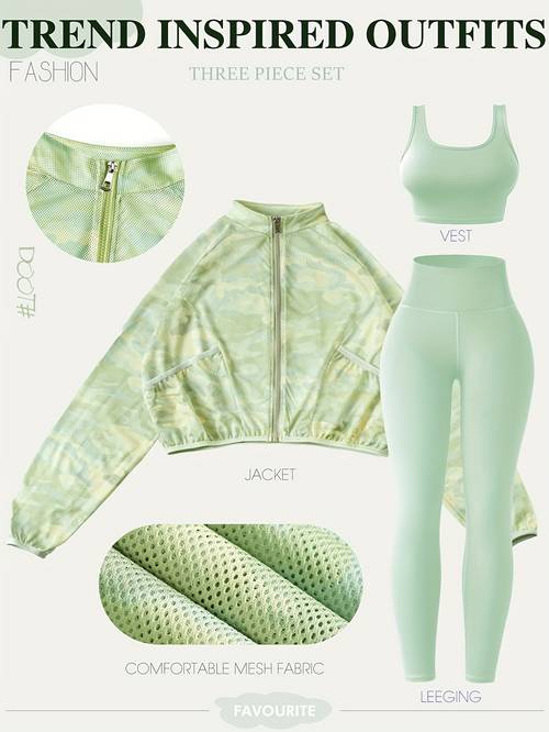 womens 3pcs yoga outfit green mesh jacket long sleeve top matching pants breathable stretchy sleeveless design with pockets for casual wear accessories not included