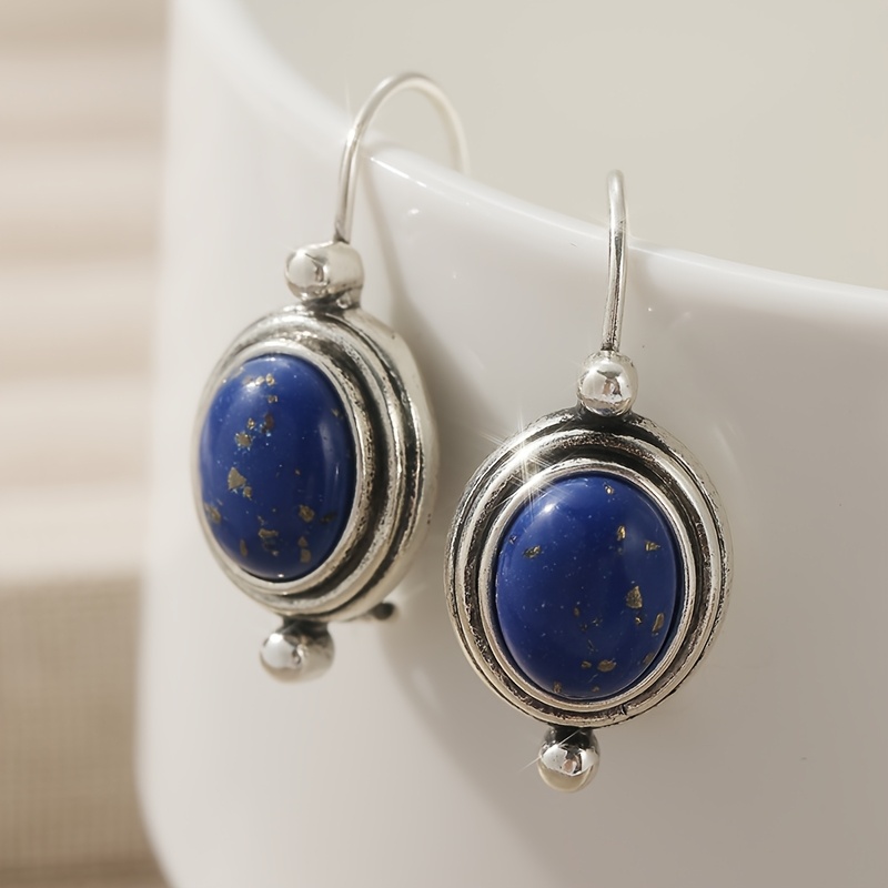 Vintage Lapis Lazuli Inlaid Copper Drop Dangle Earrings