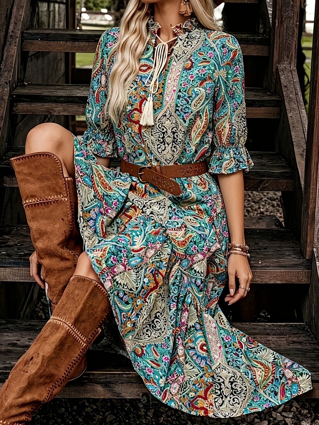 casual bohemian maxi dresses boho paisley print dress women v neck 3 4 Dressing for a Black New2Sale tops is perfect for Size Guide:US 12 / UK 16